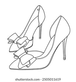 Women's Bow Heels Closed Pointed Toe Dress Shoes Stiletto Slip on Line Art, Technical sketch hand drawing outline vector doodle illustration, side view isolated on white background