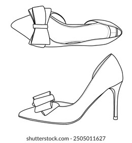 Women's Bow Heels Closed Pointed Toe Dress Shoes Stiletto Slip on Line Art, Technical sketch hand drawing outline vector doodle illustration, top and side view isolated on white background