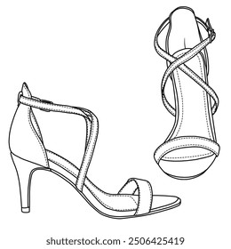 Women's Bow Heels Closed Pointed Toe Dress Shoes Stiletto Slip on Wedding Pumps line art, Technical sketch hand drawing outline vector doodle illustration,side and front view isolated on white 