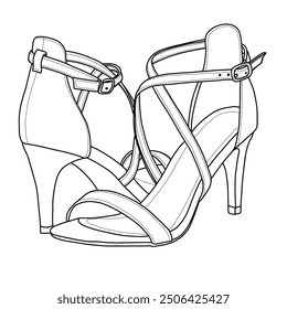 Women's Bow Heels Closed Pointed Toe Dress Shoes Stiletto Slip on Wedding Pumps line art, Technical sketch hand drawing outline vector doodle illustration,side and rear view isolated on white 