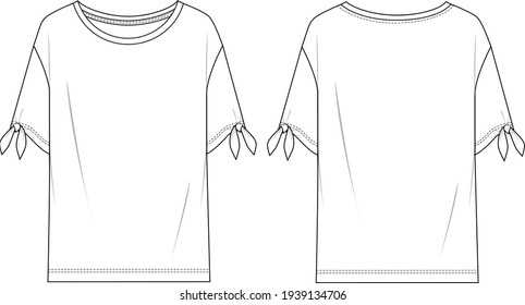 Women's Bow Sleeve Basic T-shirt. Jersey top technical fashion illustration with bow detail. Flat apparel t-shirt template front and back, white color. Women's CAD mock-up.