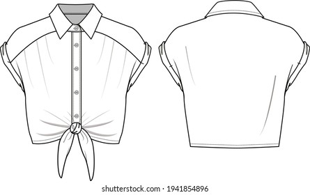 Women's Bow-Detail Cropped Shirt- Shirt technical fashion illustration. Flat apparel shirt template front and back, white colour. Women's CAD mock-up.