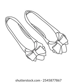 Damen Bowknot Ballett Wohnungen Pointy Toe Flache Schuhe Wildleder Kleid Schuhe Linie Kunst, Technische Skizze Handzeichnung Umriss Vektor Doodle Draufsicht einzeln auf weißem Hintergrund