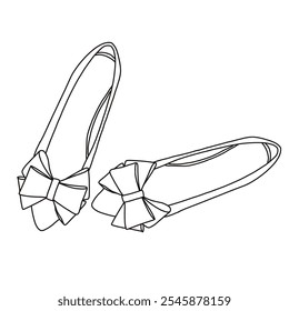 Damen Bowknot Ballett Wohnungen Pointy Toe Flache Schuhe Wildleder Kleid Schuhe Linie Kunst, Technische Skizze Handzeichnung Umriss Vektor Doodle Draufsicht einzeln auf weißem Hintergrund