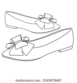 Damen Bowknot Ballett Wohnungen Pointy Toe Flache Schuhe Wildleder Kleid Schuhe Linie Kunst, Technische Skizze Handzeichnung Umriss Vektor Doodle Seitenansicht einzeln auf weißem Hintergrund