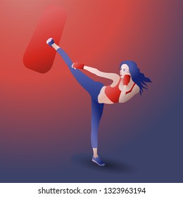 Women's boxing. Beautiful girl kicking with the leg. Healthy lifestyle, active training. Vector illustration