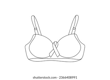 Women's bra with anti-cancer ribbon. Women Health. International Day Against Breast Cancer. One line drawing for different uses. Vector illustration.