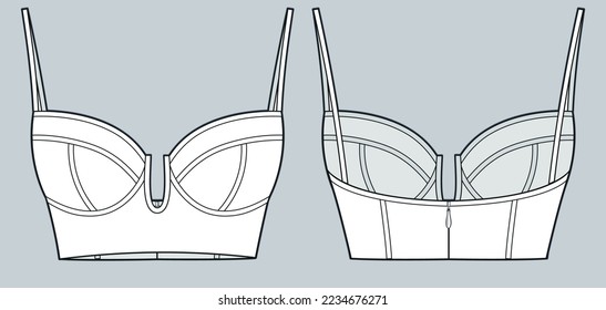 Women's Bra technical fashion Illustration. Crop Top fashion flat technical drawing template, straps, zip-up, slim fit, front and back view, white, CAD mockup.