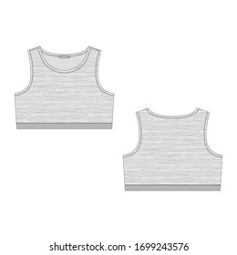 Women's bra technical sketch in melange fabric on white background. Front and back views. Yoga underwear design template vector illustration.