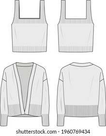 Women's Bra-Cardigan Set. Bra-Cardigan technical fashion illustration. Flat apparel Bra-Cardigan template front and back, light gray colour. Women's CAD mock-up.