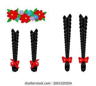 Women's Braids And A Wreath Of Flowers On An Isolated Background. Cartoon. Vector Illustration.