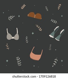 Women's bras set on a dark background vector illustration. Lingerie elements with leaves around composition. Female accessory concept. Girly [pretty things. Cute clothing for lady. Summertime pattern.
