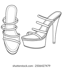 Women's Brooke Cross Heeled Sandal Line art, Technical sketch hand drawing outline vector doodle illustration side and front view isolated on white background