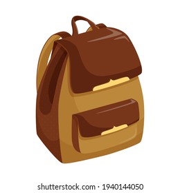 Women's brown and beige backpack. An accessory for storing and carrying personal items in everyday life and on vacation. A symbol of travel. Design element.Flat vector illustration. Isolated on white