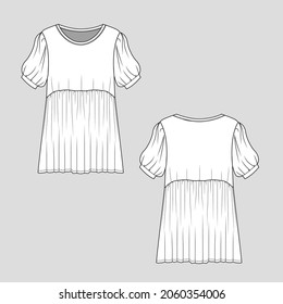 Womens Bubble sleeve peplum top crew neck blouse technical Drawing template fashion  flat sketch vector