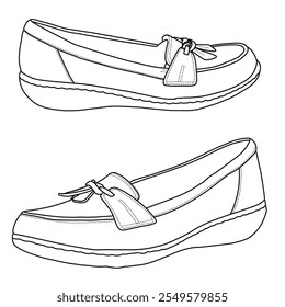 Bolha Slip On Loafers Line art, esboço técnico mão desenho contorno vetor doodle 3D isométrica vista lateral isolada no fundo branco para colorir página