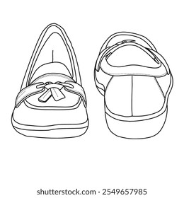 Bolha Slip On Loafers Linha arte, esboço técnico mão desenho contorno vetor doodle frente e vista traseira isolada no fundo branco para colorir página