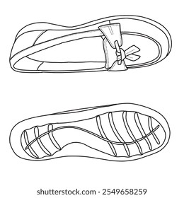 Bolha Slip On Loafers Linha arte, esboço técnico mão desenho contorno vetor doodle vista superior e inferior isolada no fundo branco para colorir página