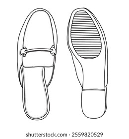 Women's buckle mules shoes Line art, Technical sketch hand drawing outline vector doodle top and bottom view isolated on white background for coloring page