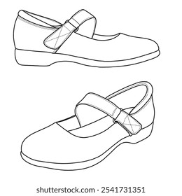 Women's Business Office Dress Shoes for Work with Ankle Strap flat design  Line art, Technical sketch hand drawing outline vector doodle illustration side and isometric 3d view isolated on white