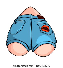women's butt in the shape of a heart in denim shorts with lips on the Pope, stylized flat color pattern in the vector
