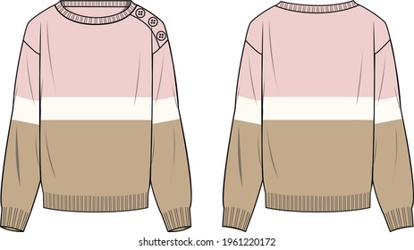 Women's Button Detail, Colourblock Sweater- Sweater technical fashion illustration. Flat apparel sweater template front and back, colored. Women's CAD mock-up.