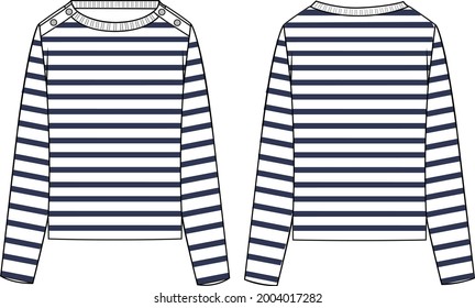 Women's Button Detail, Striped Sweater- Sweater technical fashion illustration. Flat apparel sweater template front and back, colored. Women's CAD mock-up.