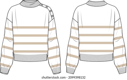 Women's Button Detail, Striped Sweater- Sweater technical fashion illustration. Flat apparel sweater template front and back, colored. Women's CAD mock-up.
