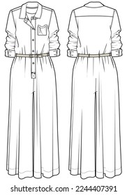 Women's Button front belted Shirt jumpsuit design flat sketch fashion illustration with front and back view,  Belted overall wide leg jumpsuit dress with wide leg pant drawing vector template.