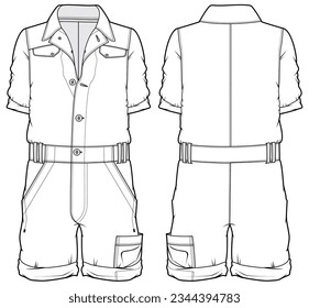 Damenknopfdruck Vorderseite Gürtelrock Shirt Jumpsuit Design flache Sketch Modegrafik mit Vorder- und Rückansicht, Gürtelschnürkleid mit breiter Beinspant-Zeichenkopfvorlage.