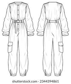 Women's Button front belted Shirt jumpsuit design flat sketch fashion illustration with front and back view,  Belted overall wide sleeve jumpsuit dress with wide leg pant drawing vector template.