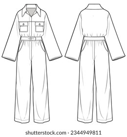 Women's Button front belted Shirt jumpsuit design flat sketch fashion illustration with front and back view,  Belted overall wide leg jumpsuit dress with wide leg pant drawing vector template.