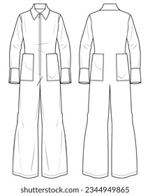 Women's Button front belted Shirt jumpsuit design flat sketch fashion illustration with front and back view,  Belted overall wide leg jumpsuit dress with wide leg pant drawing vector template.