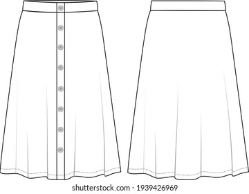 Women's Button Front, Midi Skirt- Skirt technical fashion illustration. Flat apparel skirt template front and back, white colour. Women's CAD mock-up.