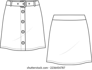 Women's Button Front Mini Skirt- Skirt technical fashion illustration with button front detail. Flat apparel skirt template front and back, white colour. Women's CAD mock-up.