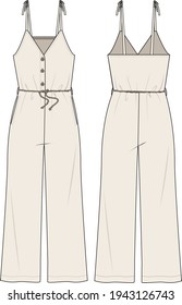 Women's Button Front, Rope Belt, Knot Strap Cami Jumpsuit. Jumpsuit technical fashion illustration. Flat apparel jumpsuit template front and back, light beige colour. Women's CAD mock-up.