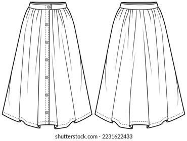 womens button front skirt flat technical cad drawing vector template