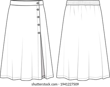 Women's Button Front, Front Split Detail, and Elastic Waist Midi Skirt- Skirt technical fashion illustration. Flat apparel skirt template front and back, white color. Women's CAD mock-up.