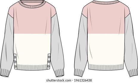 Detalle de hem de botón femenino, suéter de bloques de color - ilustración de moda técnica de suéter. Plantilla de suéter de prendas planas, delantera y trasera, de color. Burla de CAD de mujeres.