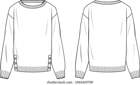 Women's Button Hem Detail Sweater- Sweater technical fashion illustration. Flat apparel sweater template front and back, white colour. Women's CAD mock-up.