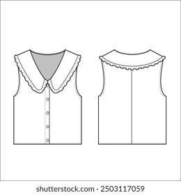 womens button panel crop top sleeveless v neck full open button placket fashion cropped flat sketch technical drawing template design vector