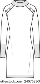 Women's Button Shoulder Bodycon Knit Dress. Technical fashion illustration. Front, white color. Women's CAD mock-up.