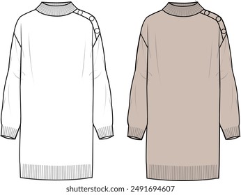 Women's Button Shoulder Knit Dress. Technical fashion illustration. Front, white and beige color. Women's CAD mock-up.