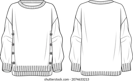 Women's Button Side Detail, High Low Hem Sweater- Sweater technical fashion illustration. Flat apparel sweater template front and back, white colour. Women's CAD mock-up.