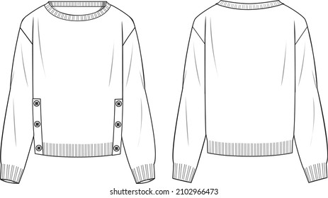 Women's Button Side Detail Sweater- Sweater technical fashion illustration. Flat apparel sweater template front and back, white colour. Women's CAD mock-up.