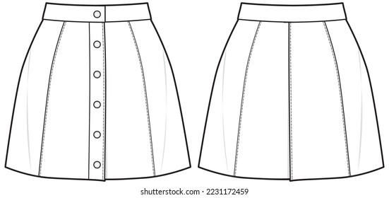 Women's button through mini Skirt flat sketch fashion illustration drawing with front and back view