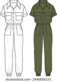 Women's Button Through, Short Sleeve Utility Jumpsuit. Technical fashion illustration. Front, khaki and white colour. Women's CAD mock-up.