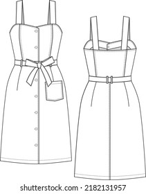 Women's Button-Down Denim Dress Fashion Technical Flat CAD Illustration Vector