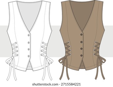 Women's buttoned, side tie vest drawing, illustration. Vest fashion design, vector. CAD, Mockup.