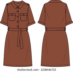 Women's Button-up, Belted Utility Shirt Dress - Shirt Dress technical fashion illustration. Flat apparel dress template front and back, brown colour. Women's CAD mock-up.